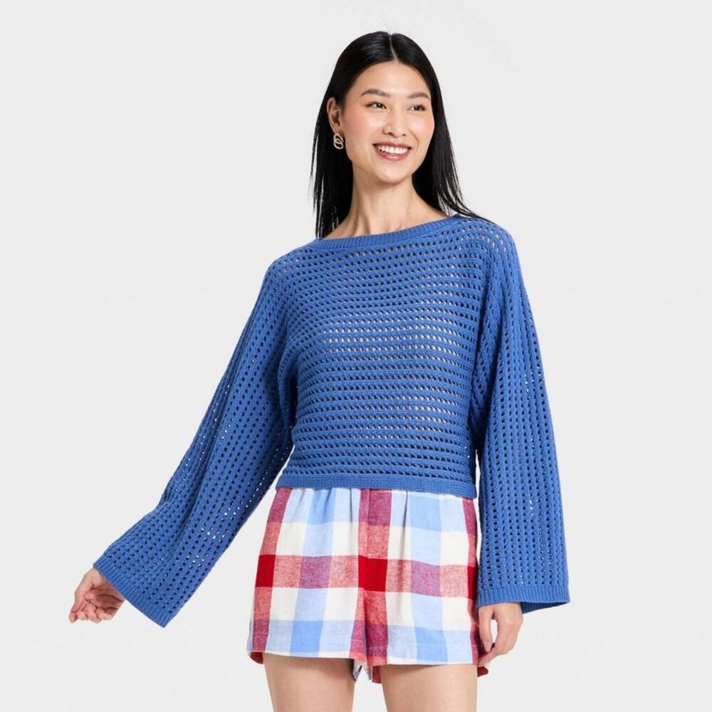 Women's Oversized Stitch Crewneck Pullover Sweater - A New Day Blue XL